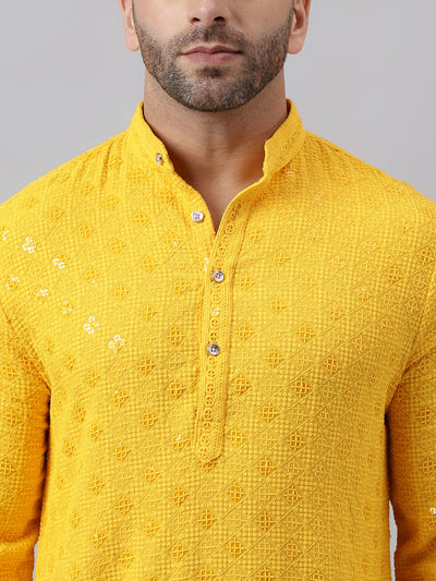 Hangup Men's Ethnic Embroidered Yellow Kurta