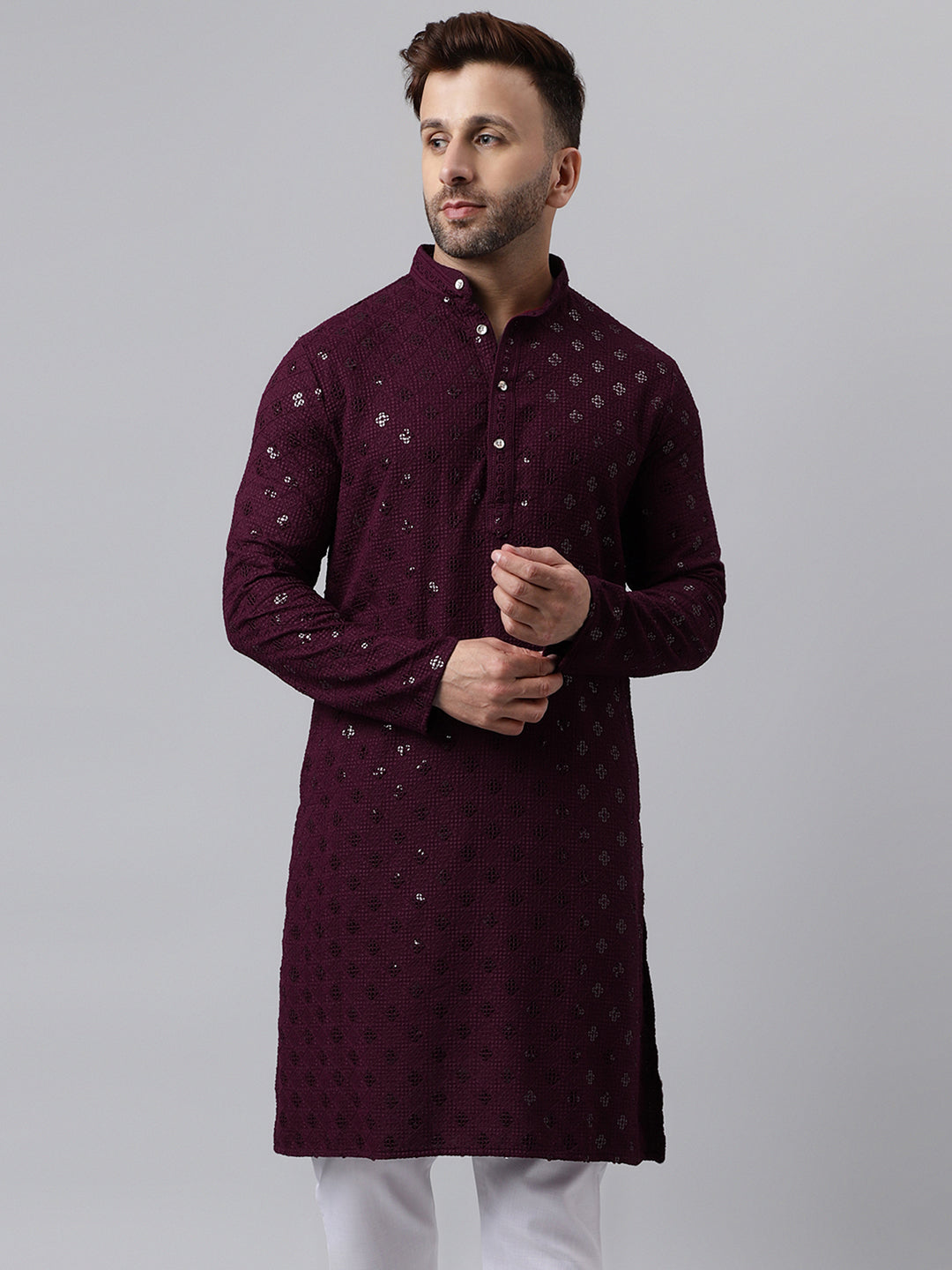 Hangup Men's Ethnic Embroidered Maroon Kurta