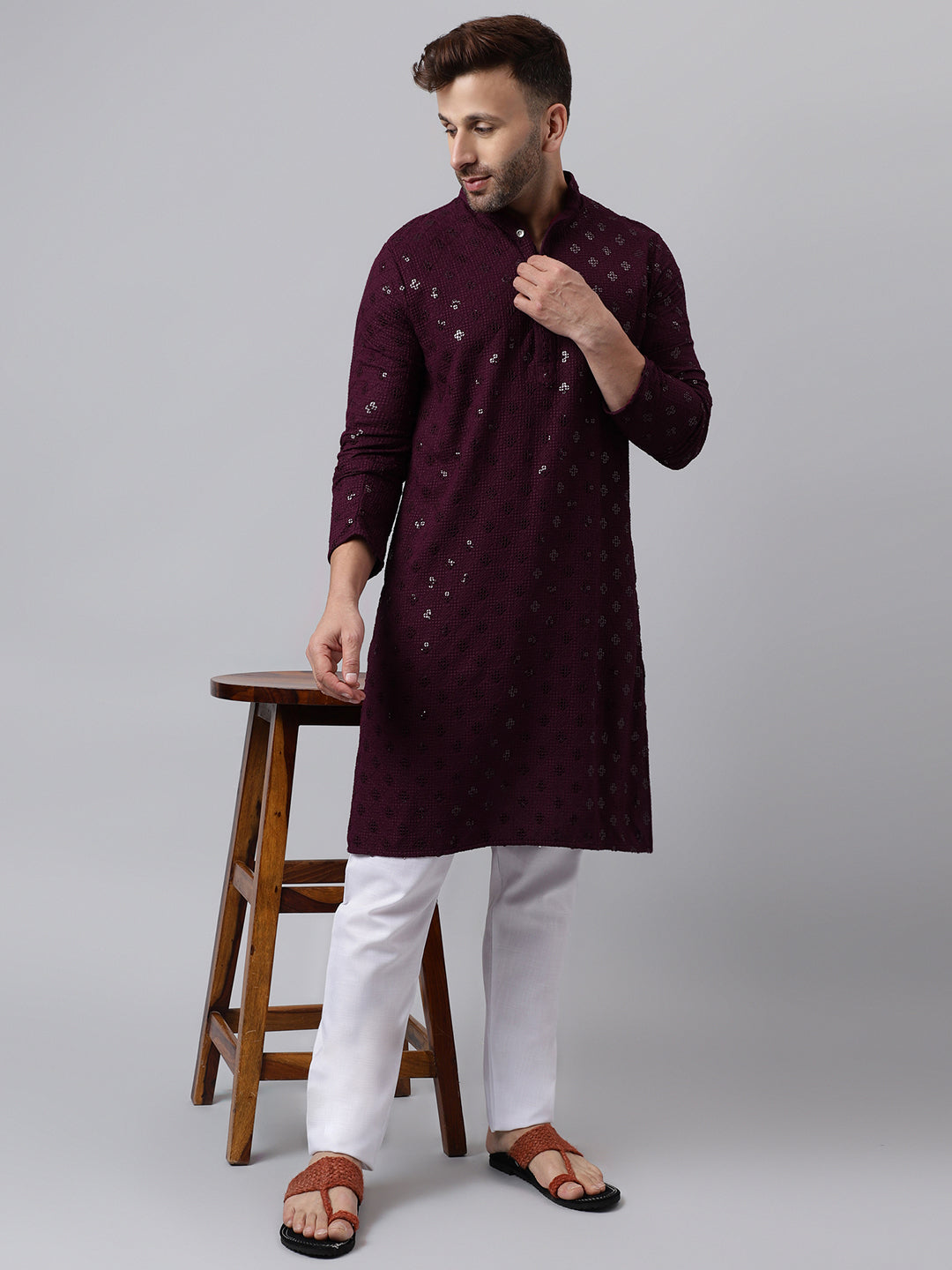 Hangup Men's Ethnic Embroidered Maroon Kurta