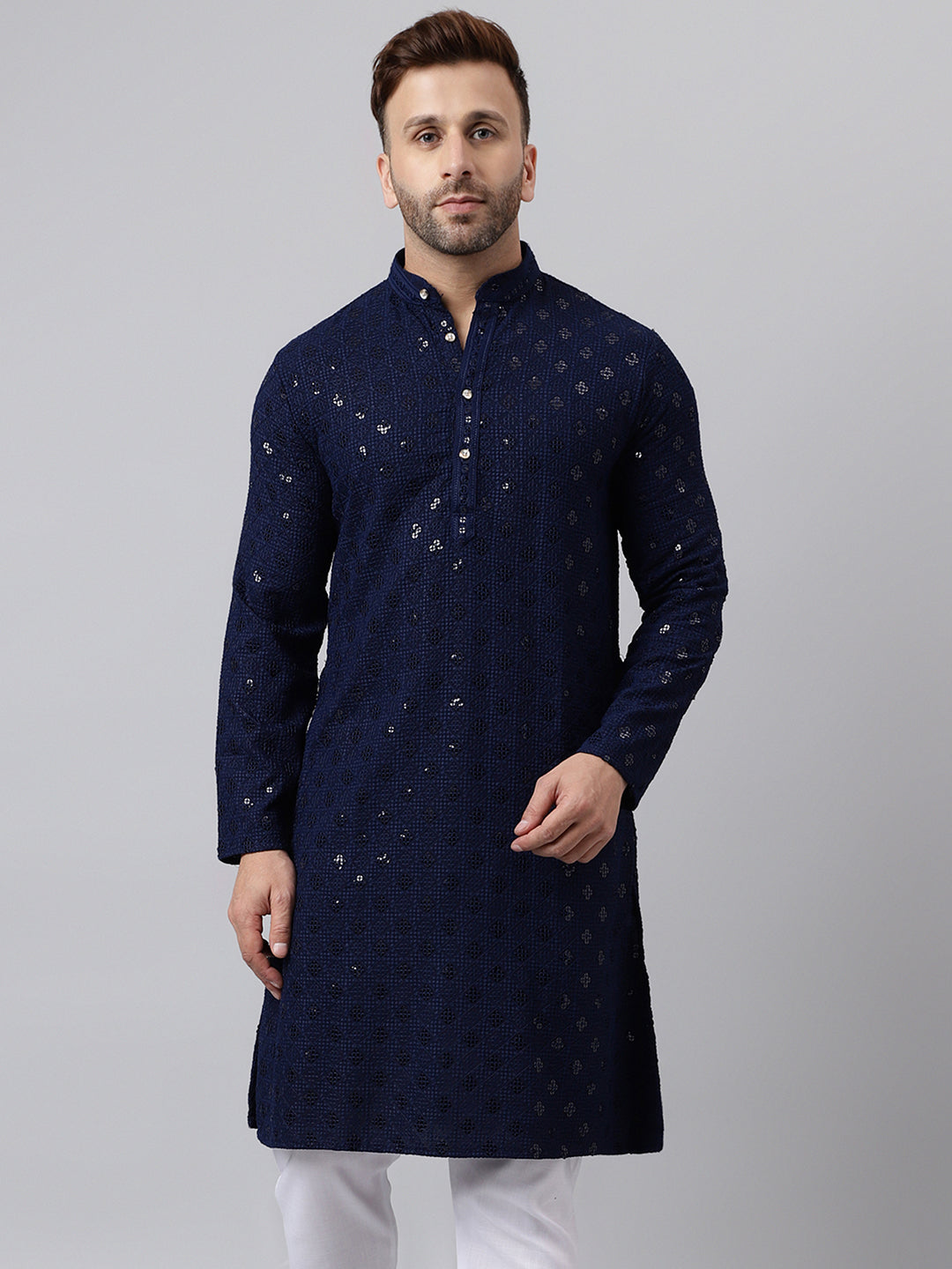 Hangup Men's Ethnic Embroidered Navy Kurta