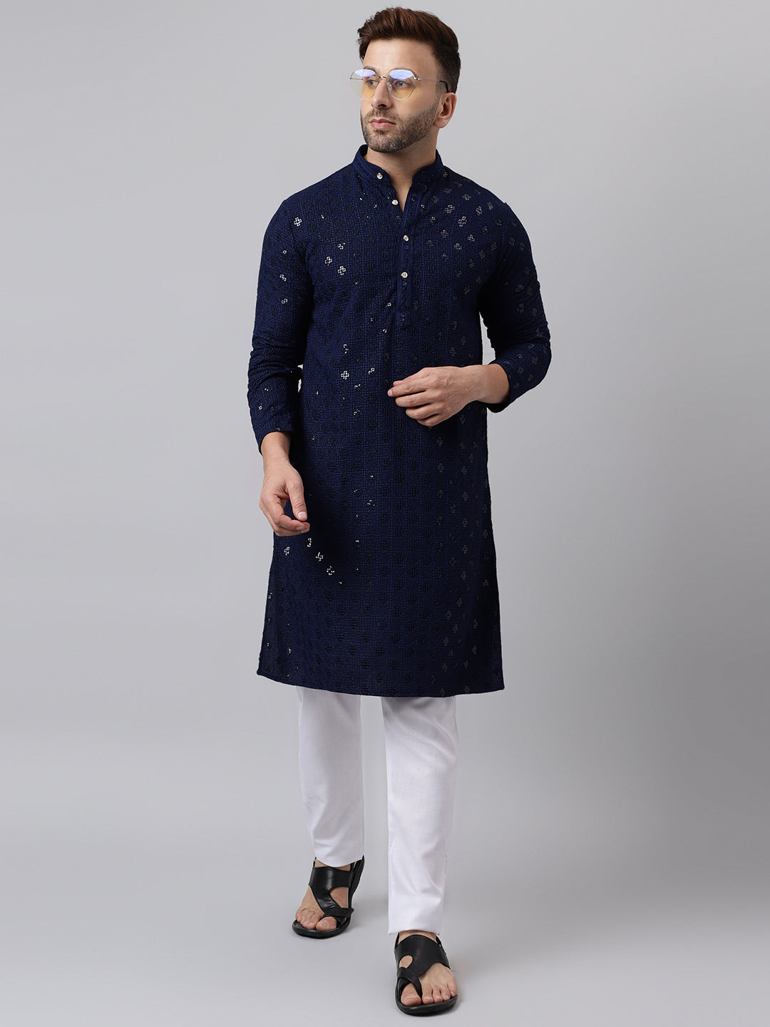 Hangup Men's Ethnic Embroidered Navy Kurta