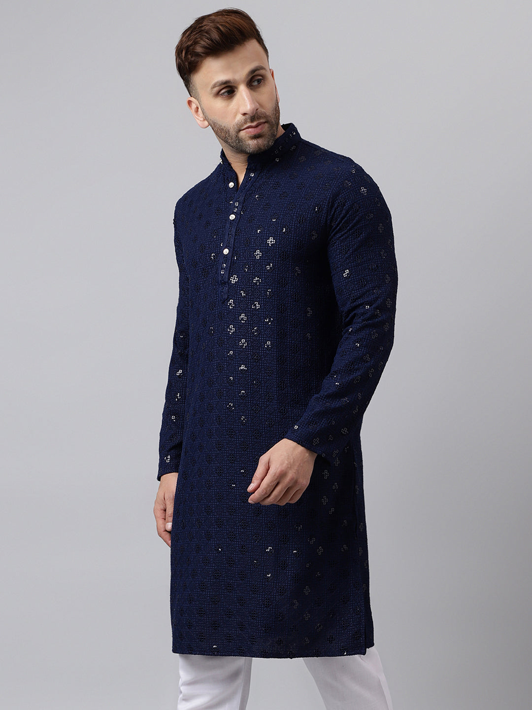 Hangup Men's Ethnic Embroidered Navy Kurta