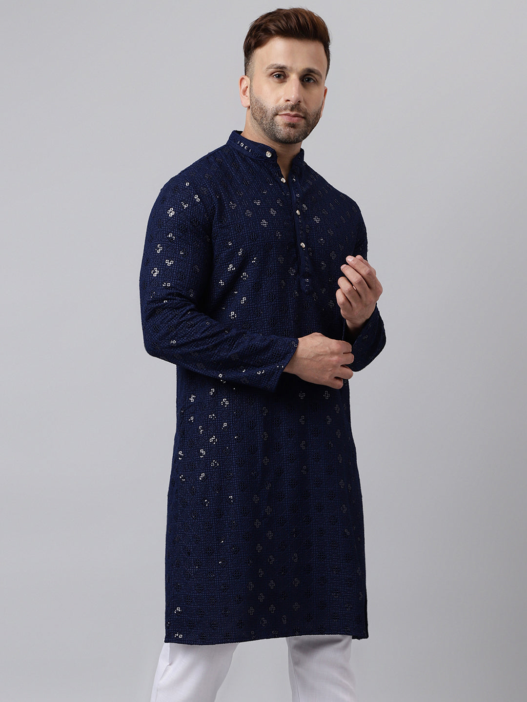 Hangup Men's Ethnic Embroidered Navy Kurta