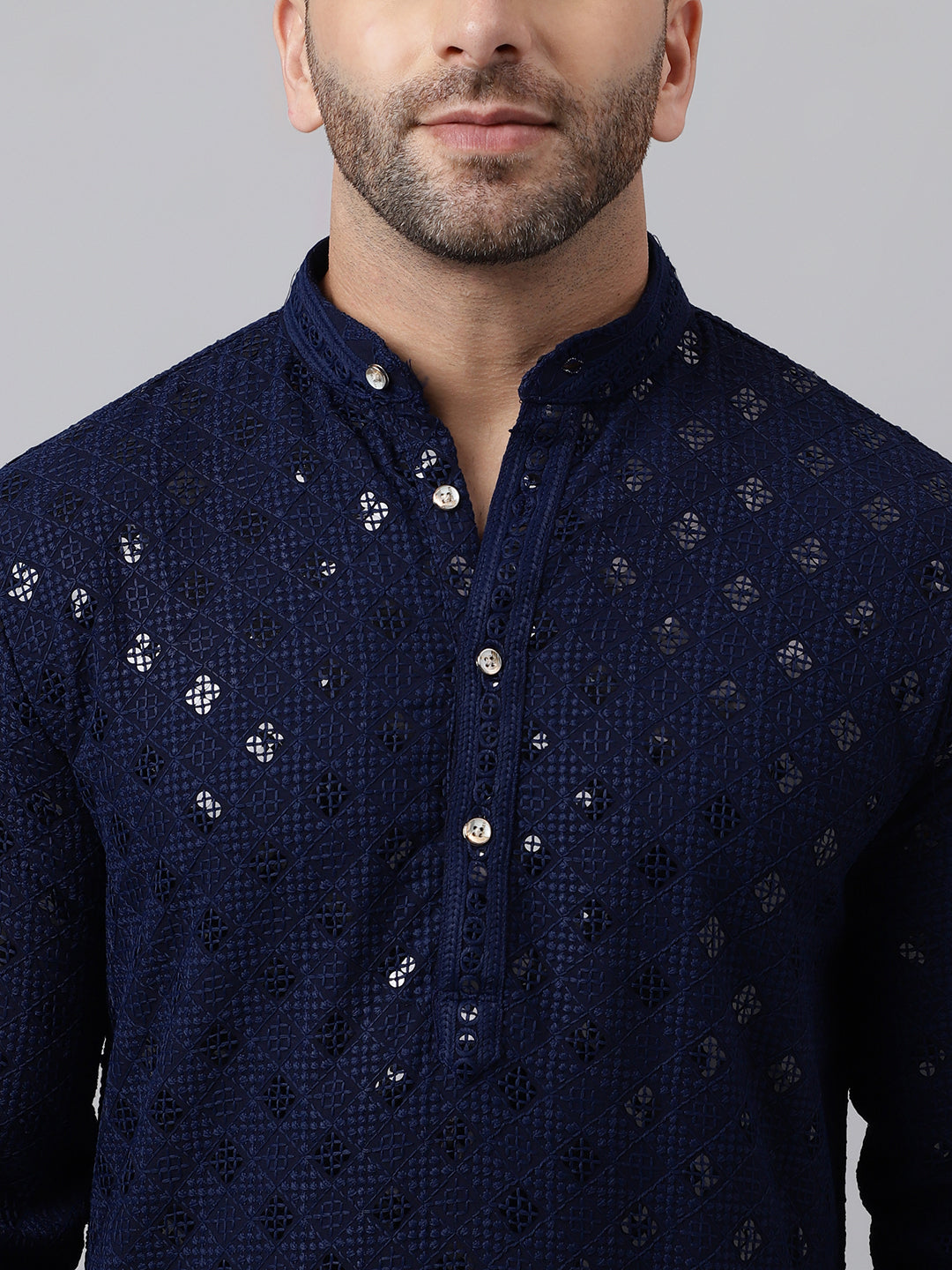 Hangup Men's Ethnic Embroidered Navy Kurta