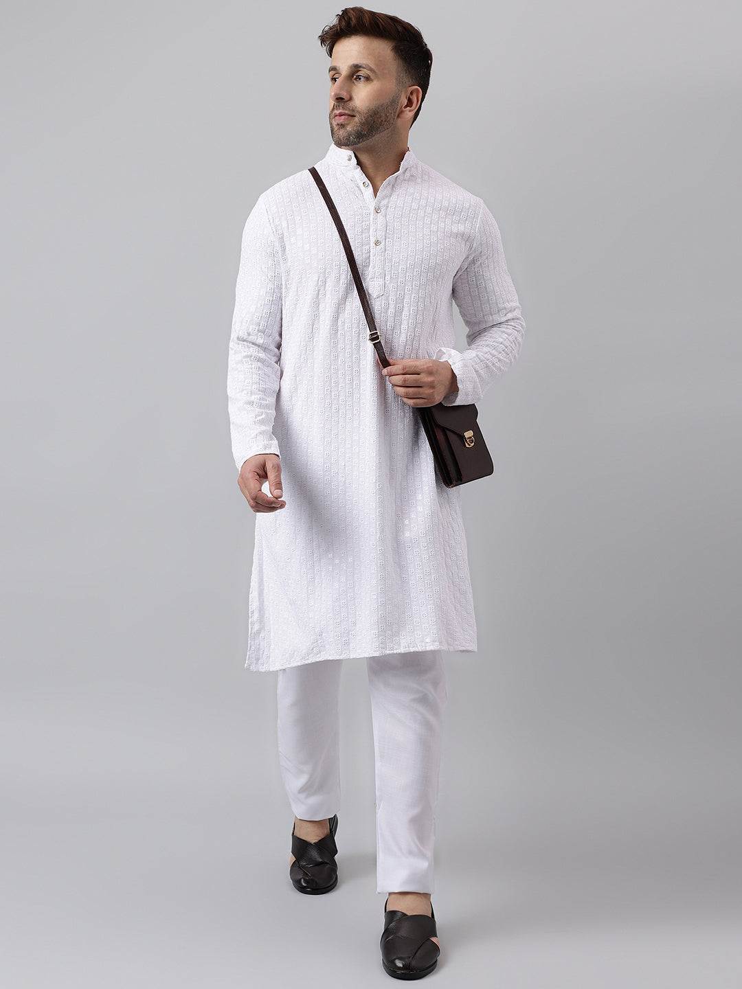 Hangup Men's Ethnic Embroidered White Kurta