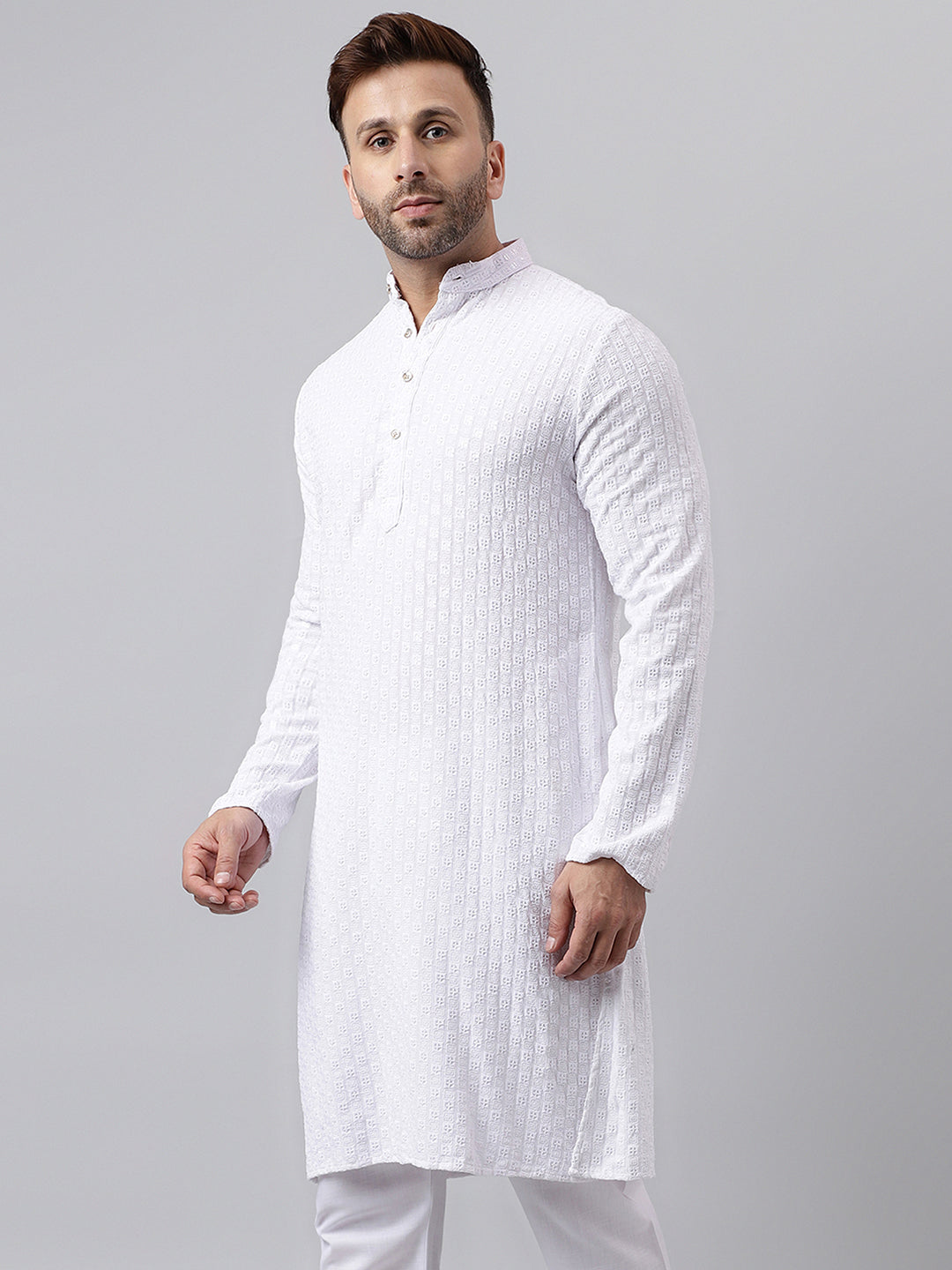 Hangup Men's Ethnic Embroidered White Kurta