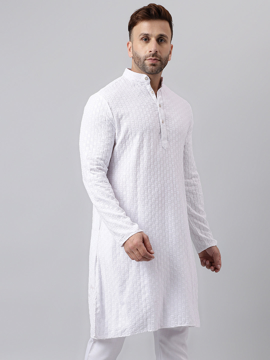 Hangup Men's Ethnic Embroidered White Kurta