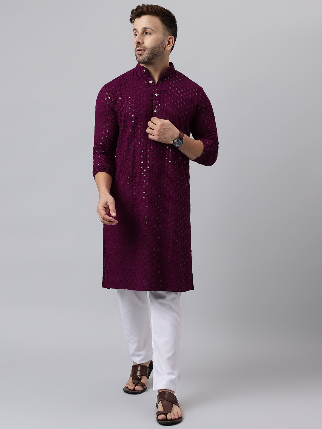 Hangup Men's Ethnic Embroidered Maroon Kurta