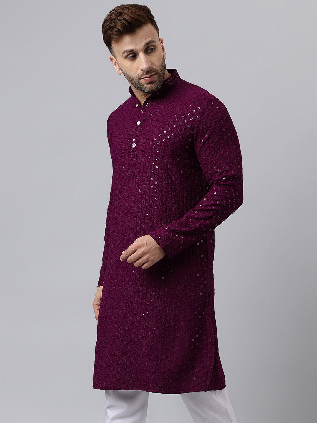 Hangup Men's Ethnic Embroidered Maroon Kurta