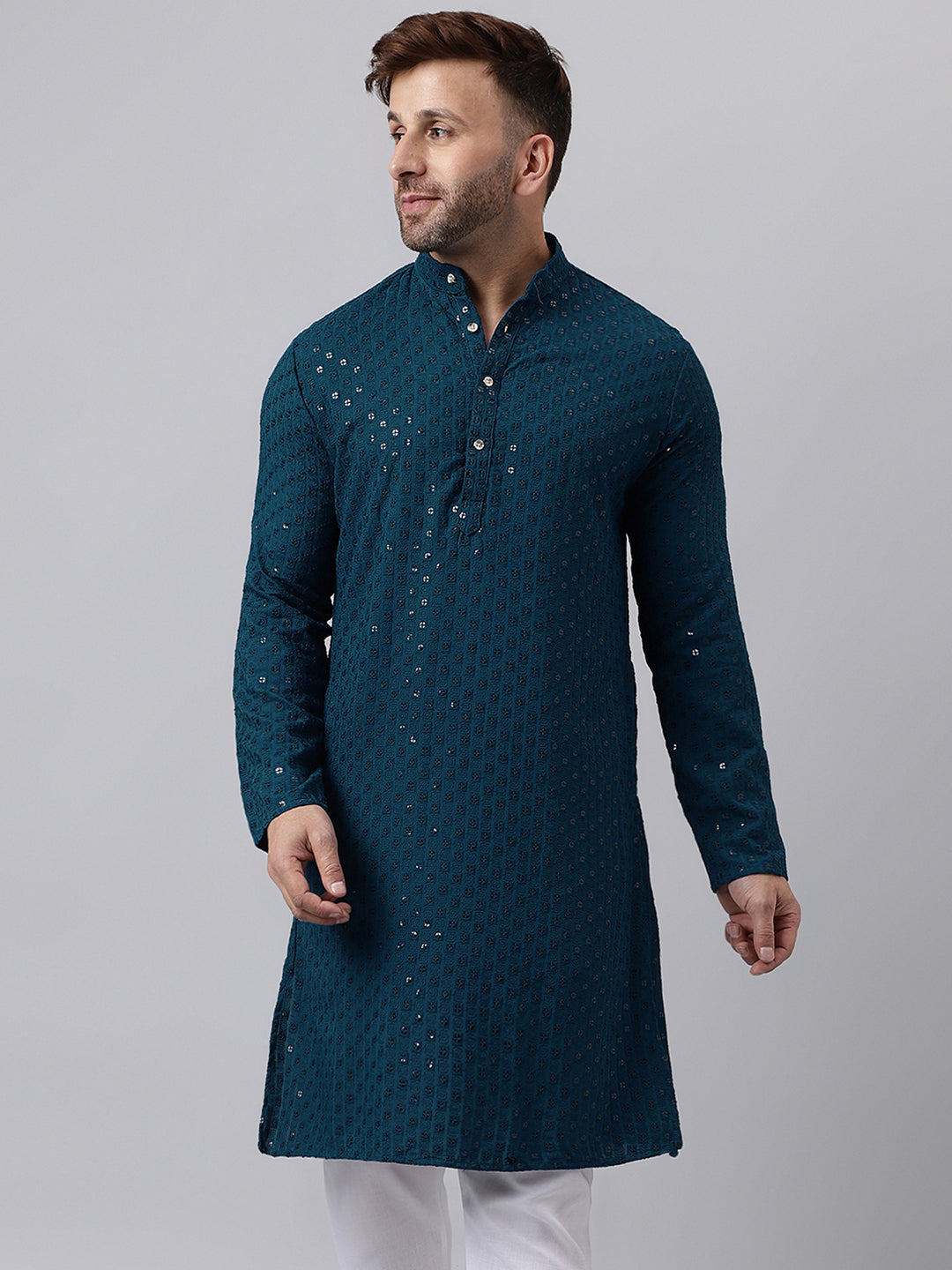 Hangup Men's Ethnic Embroidered Green Kurta