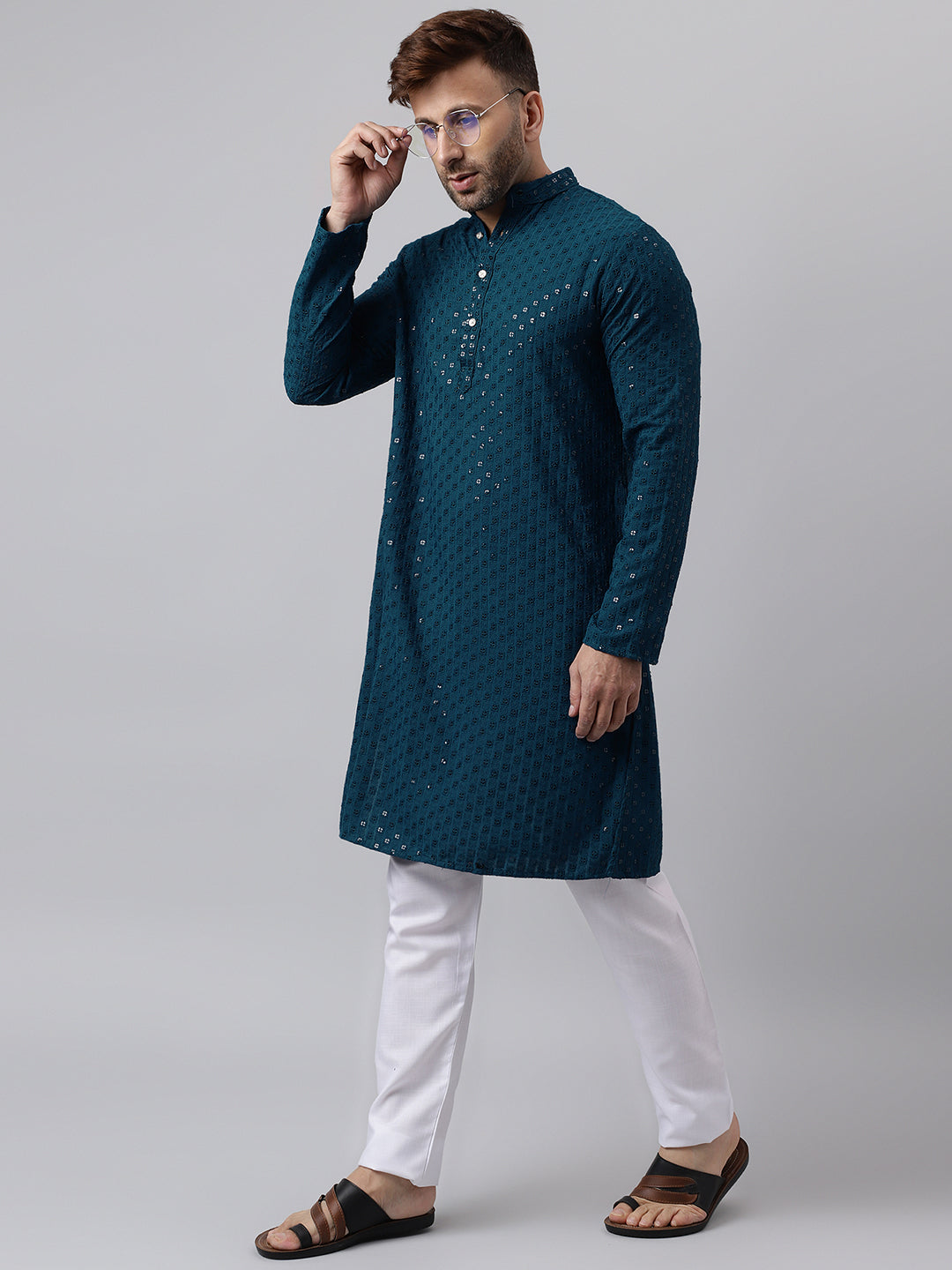 Hangup Men's Ethnic Embroidered Green Kurta