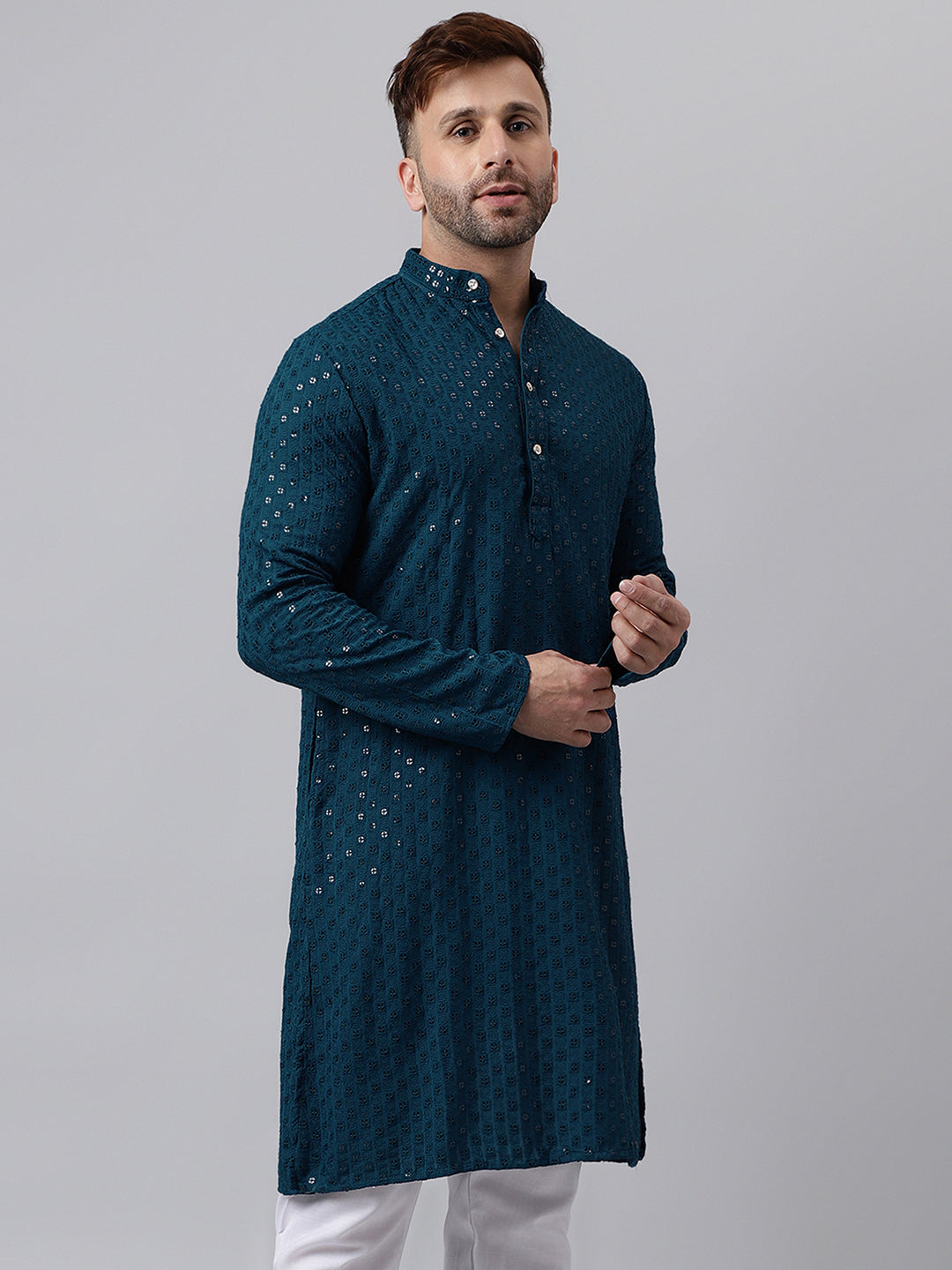 Hangup Men's Ethnic Embroidered Green Kurta