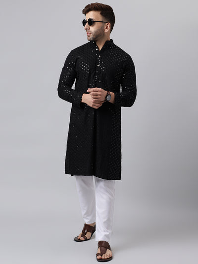 Hangup Men's Ethnic Embroidered Black Kurta