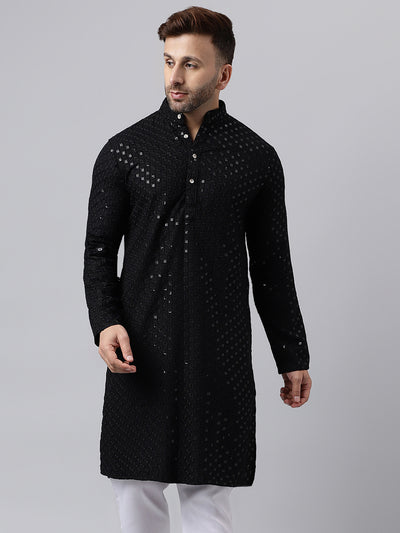 Hangup Men's Ethnic Embroidered Black Kurta