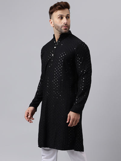 Hangup Men's Ethnic Embroidered Black Kurta