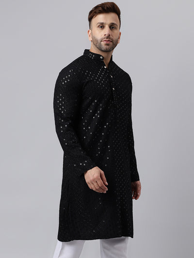 Hangup Men's Ethnic Embroidered Black Kurta