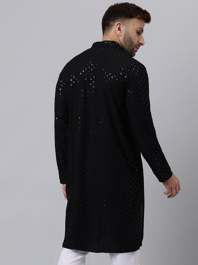 Hangup Men's Ethnic Embroidered Black Kurta