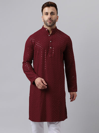 Hangup Men's Ethnic Embroidered Maroon Kurta