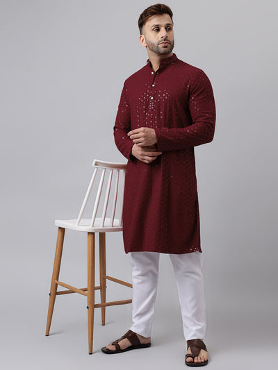 Hangup Men's Ethnic Embroidered Maroon Kurta