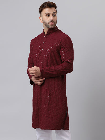 Hangup Men's Ethnic Embroidered Maroon Kurta