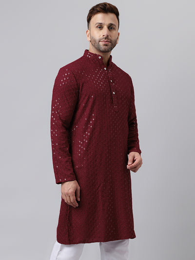 Hangup Men's Ethnic Embroidered Maroon Kurta