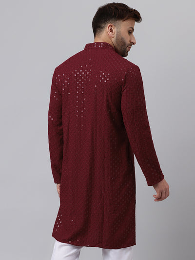 Hangup Men's Ethnic Embroidered Maroon Kurta