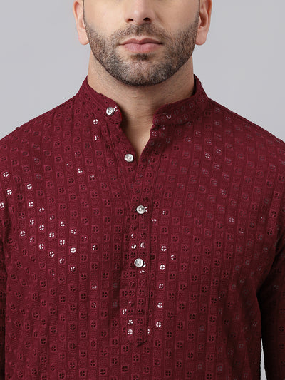 Hangup Men's Ethnic Embroidered Maroon Kurta