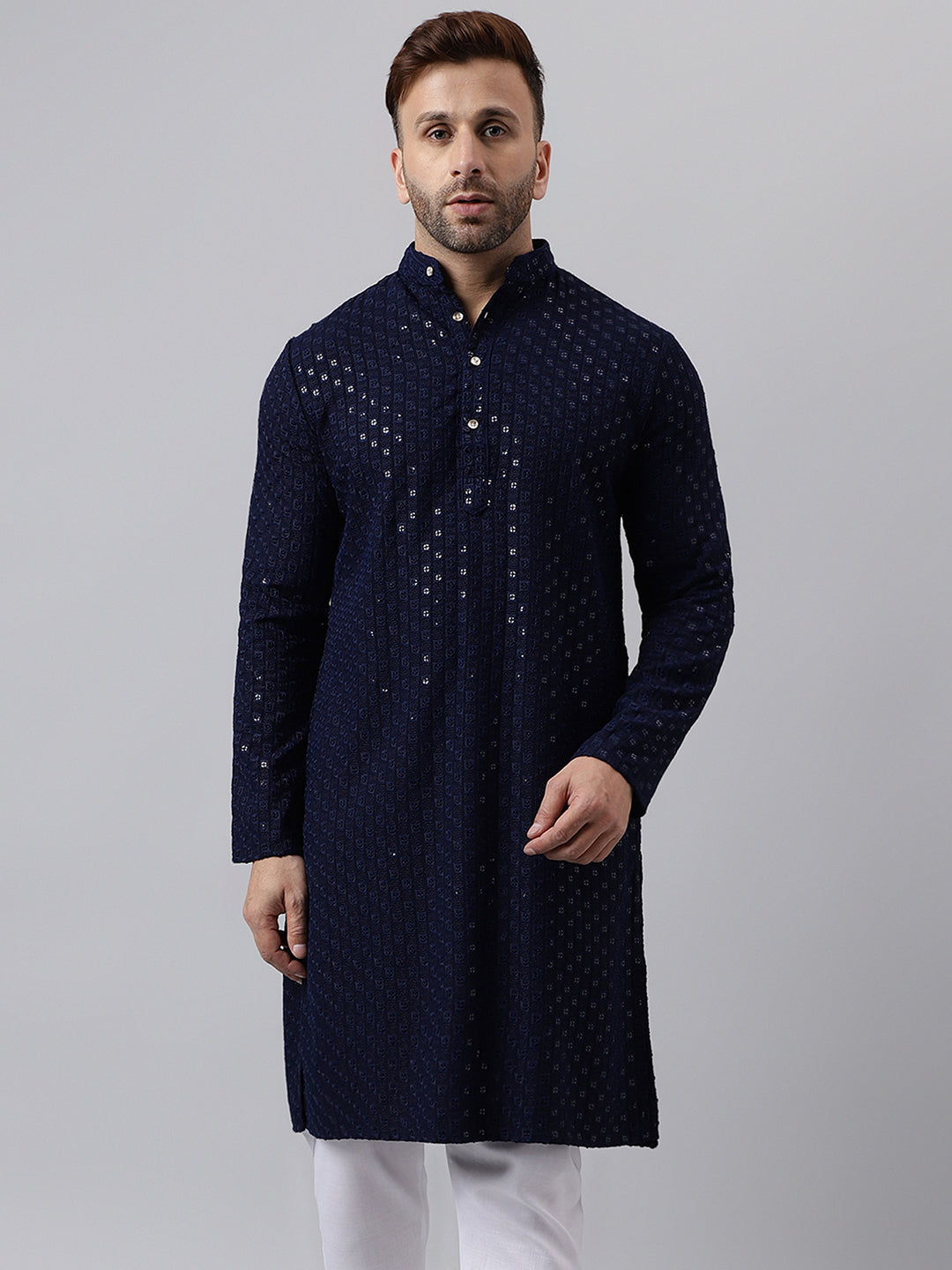 Hangup Men's Ethnic Embroidered Navy Kurta