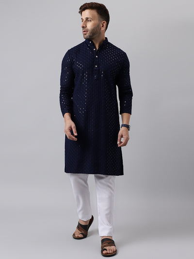 Hangup Men's Ethnic Embroidered Navy Kurta