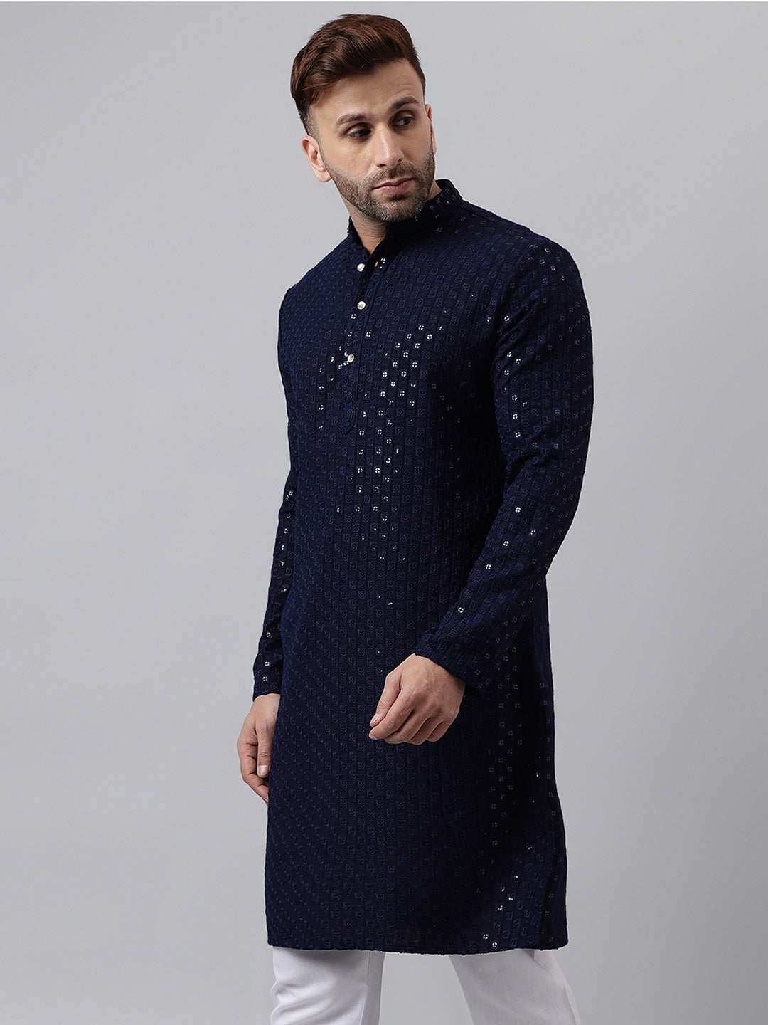 Hangup Men's Ethnic Embroidered Navy Kurta