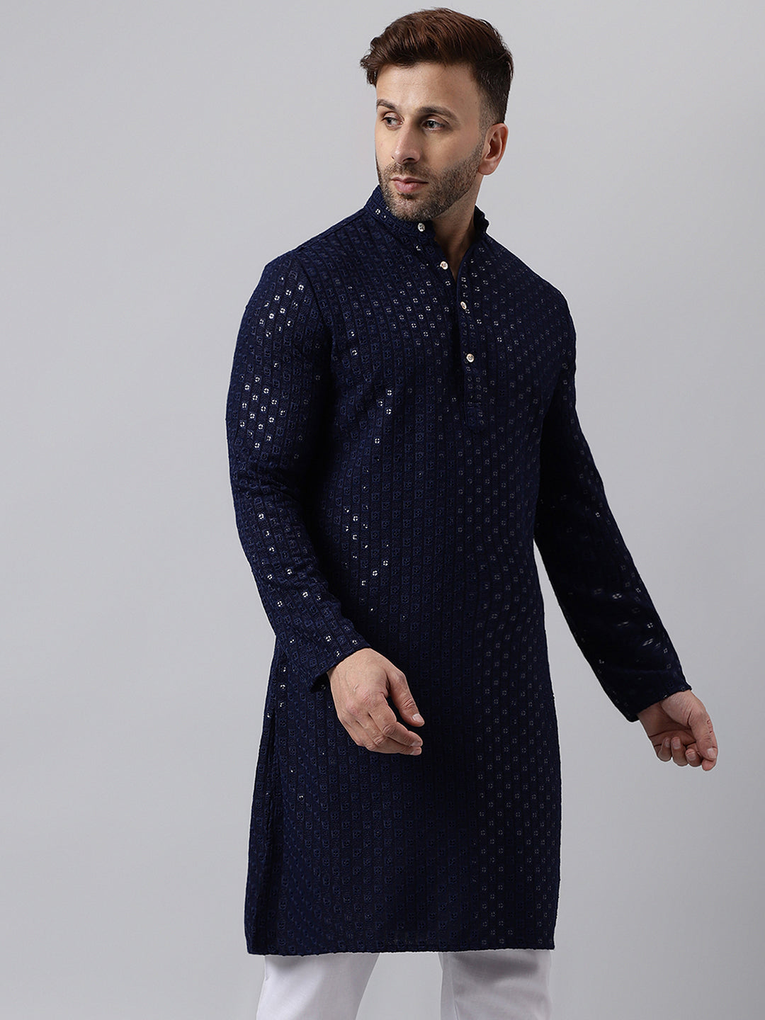 Hangup Men's Ethnic Embroidered Navy Kurta