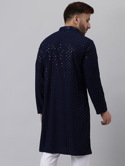 Hangup Men's Ethnic Embroidered Navy Kurta