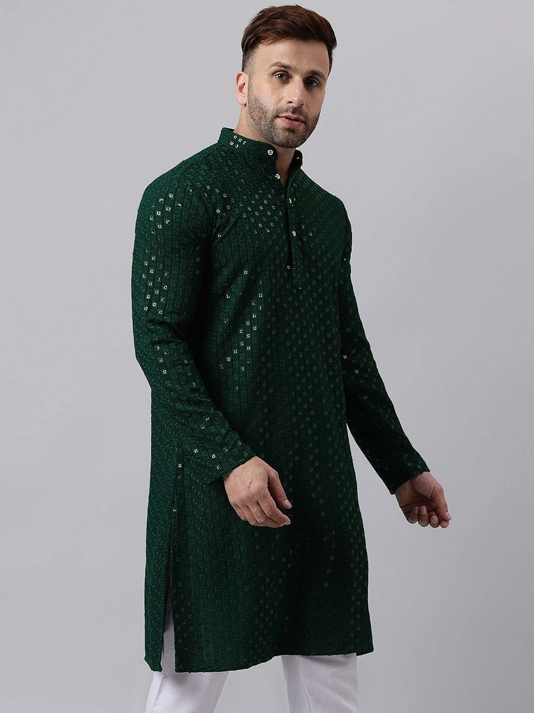 Hangup Men's Ethnic Embroidered Mehandi Green Kurta