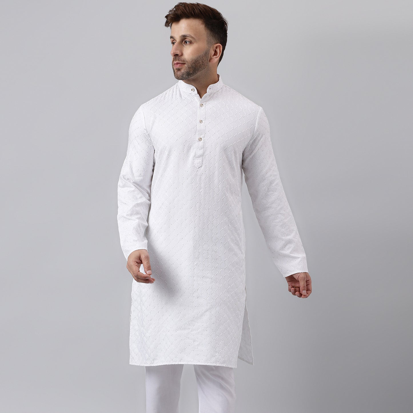 Hangup Men's Ethnic Jacquard Embroidered White Kurta