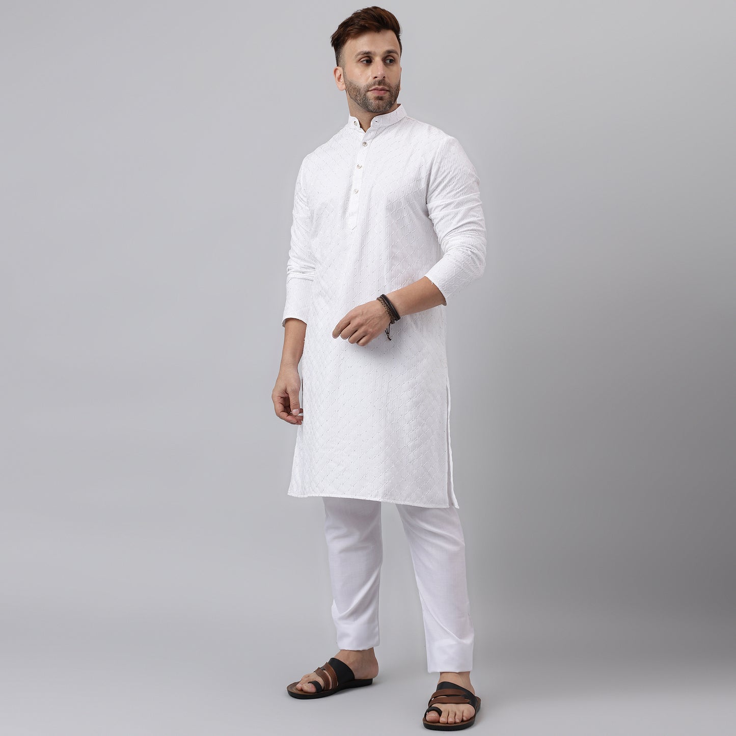 Hangup Men's Ethnic Jacquard Embroidered White Kurta