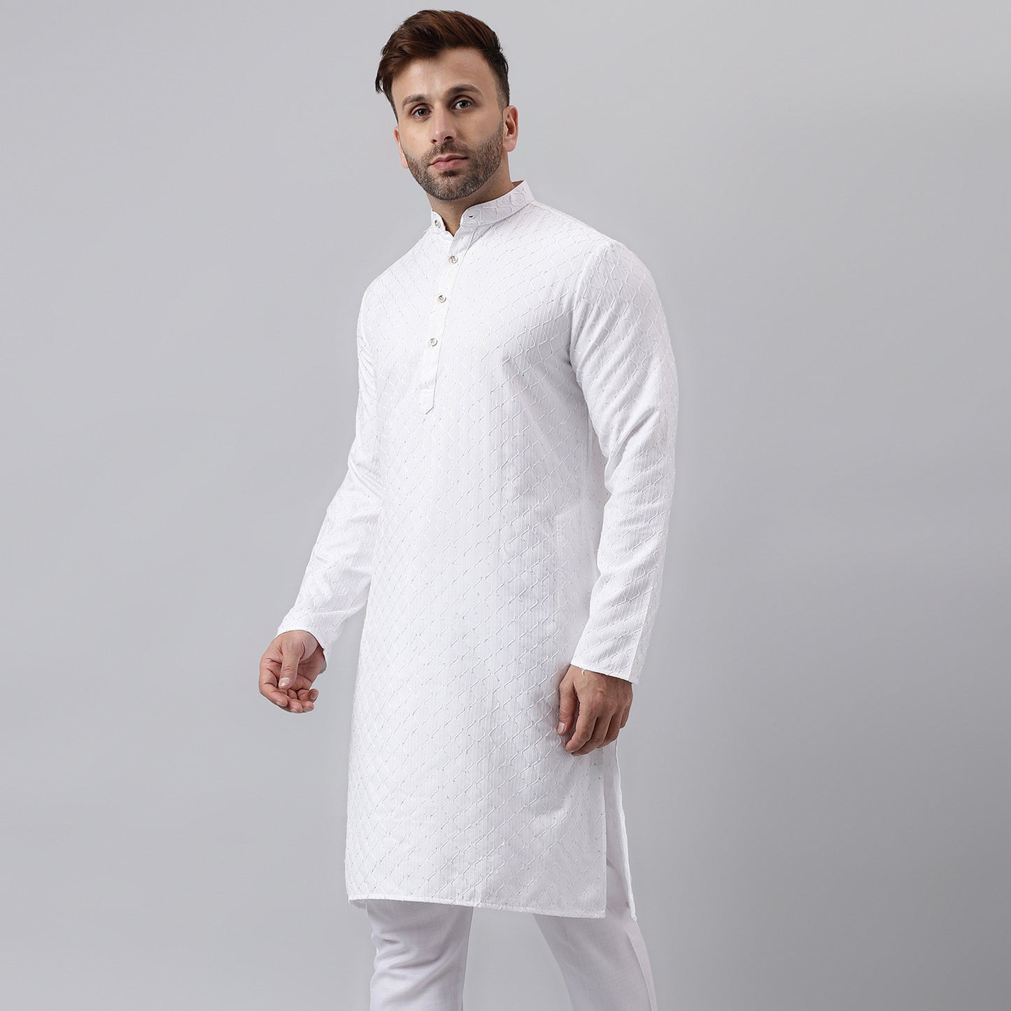 Hangup Men's Ethnic Jacquard Embroidered White Kurta