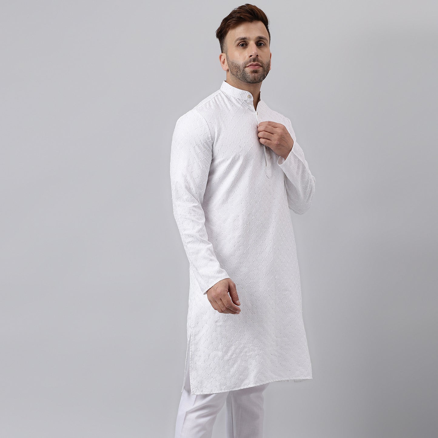 Hangup Men's Ethnic Jacquard Embroidered White Kurta