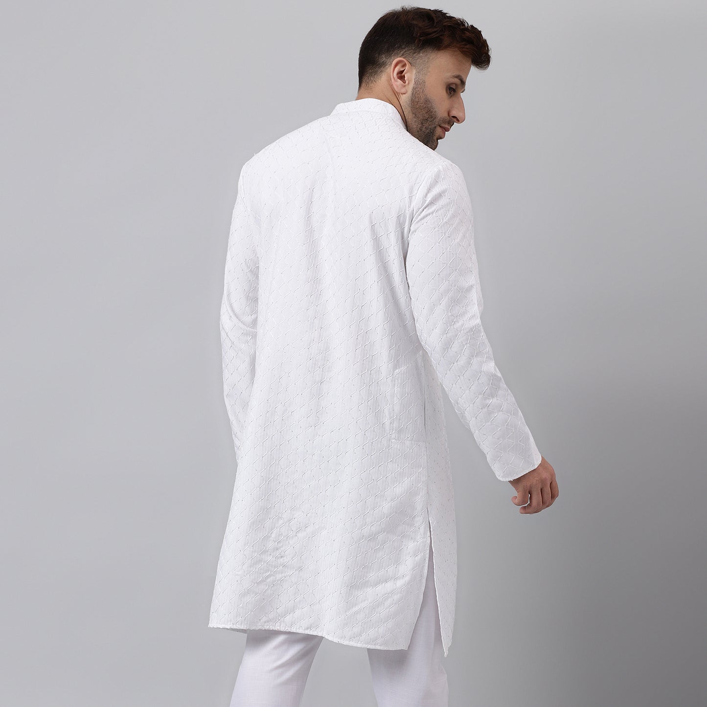 Hangup Men's Ethnic Jacquard Embroidered White Kurta