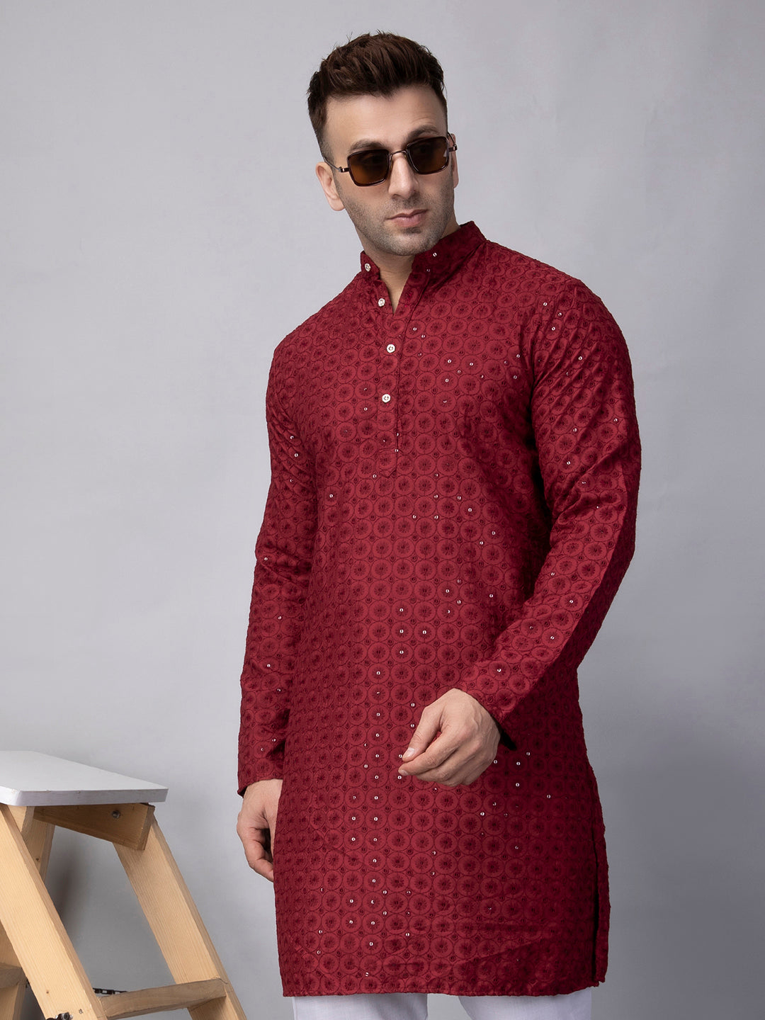 Hangup Men's Ethnic Embroidered maroon Kurta