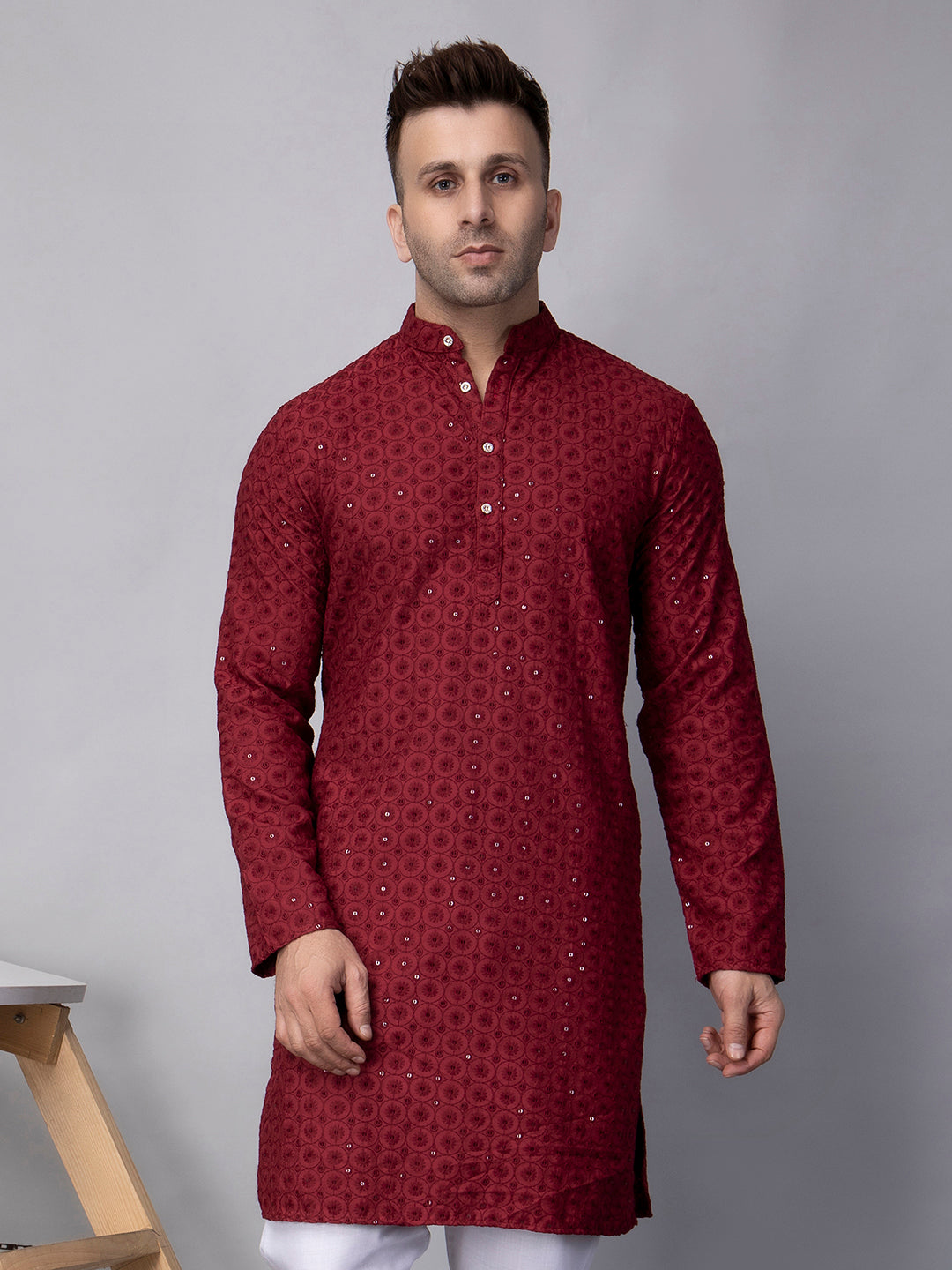 Hangup Men's Ethnic Embroidered maroon Kurta