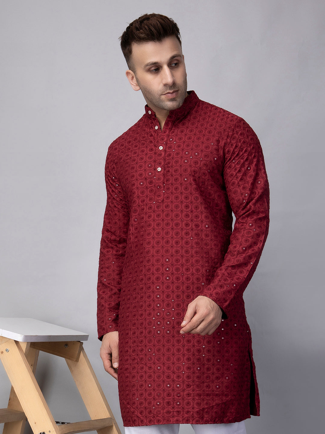 Hangup Men's Ethnic Embroidered maroon Kurta