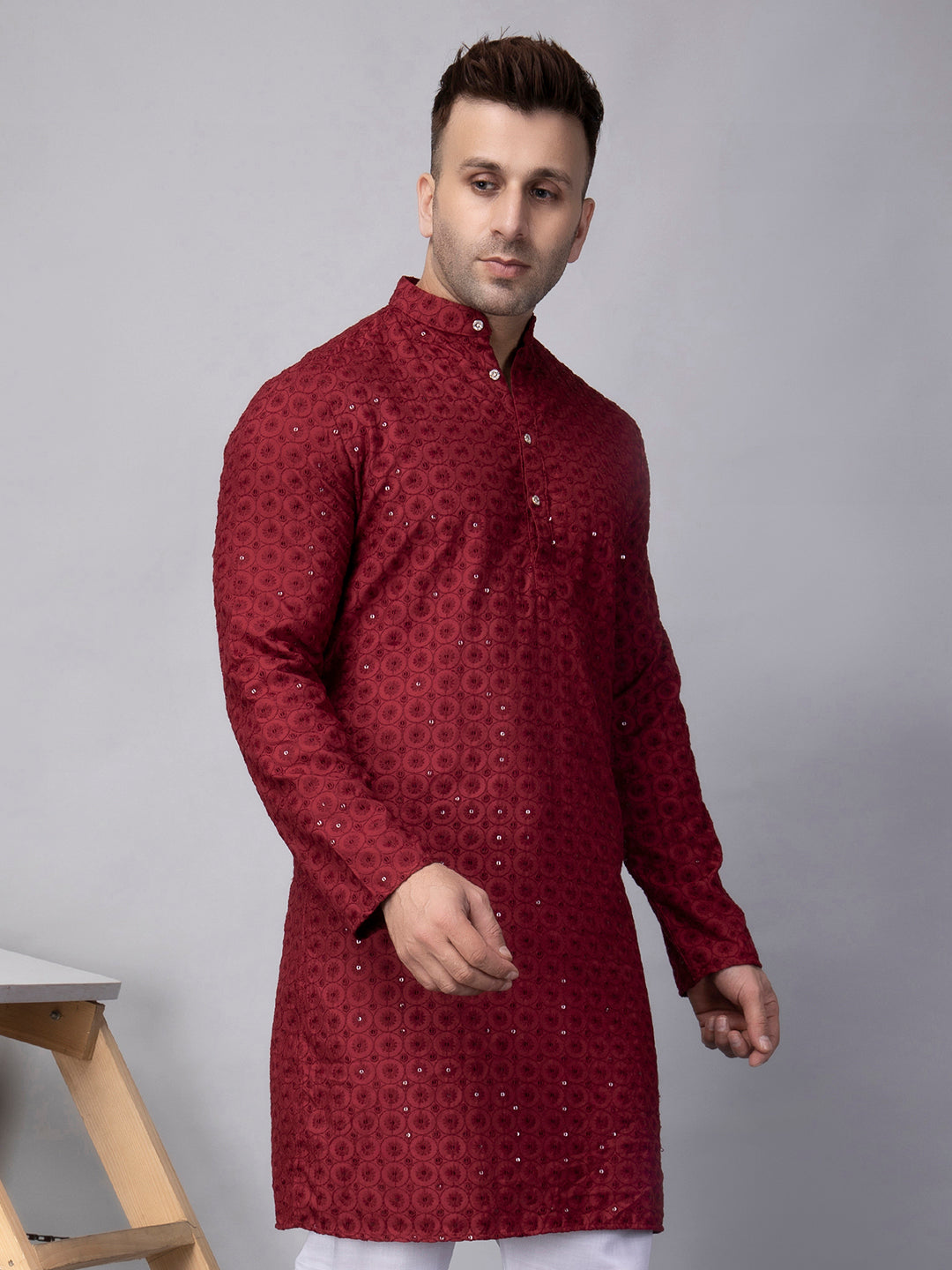 Hangup Men's Ethnic Embroidered maroon Kurta