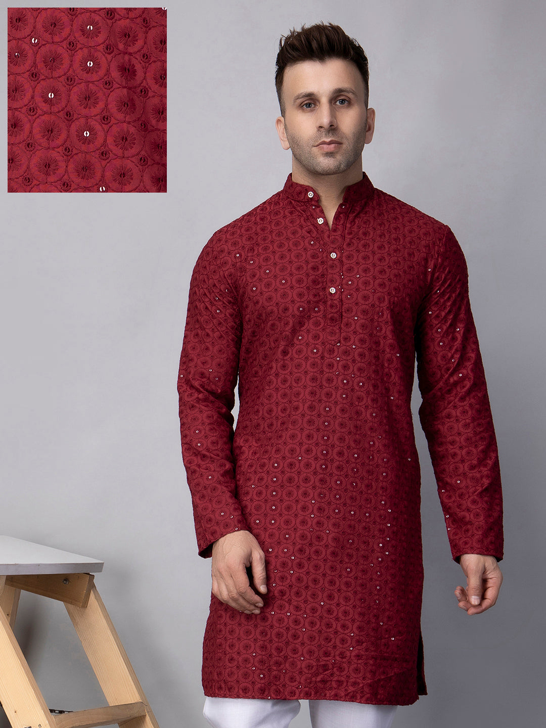 Hangup Men's Ethnic Embroidered maroon Kurta